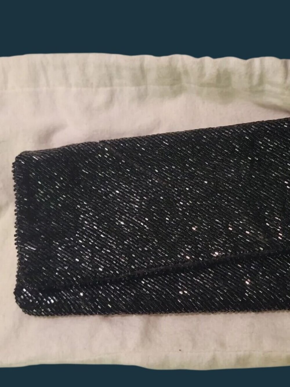 BCBG MaxAzria Black Foldover Glass Bead Evening Bag Formal Clutch w/Dust Cover